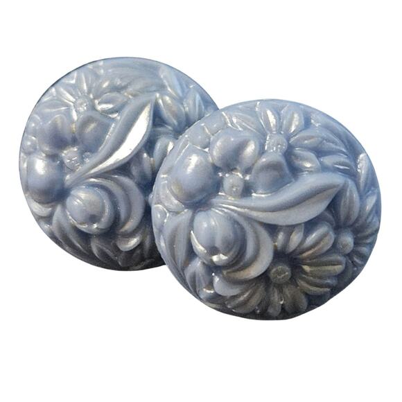 Mid Century Victorian Molded Floral Periwinkle Blue Stone Clip on Earrings - Picture 1 of 5